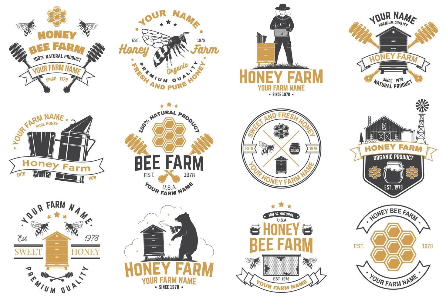 Set of Honey bee farm badge. Vector. Concept for print, stamp or tee. Vintage typography design with bee, honeycomb piece, hive and honey dipper silhouette. Design for honey bee farm business vector