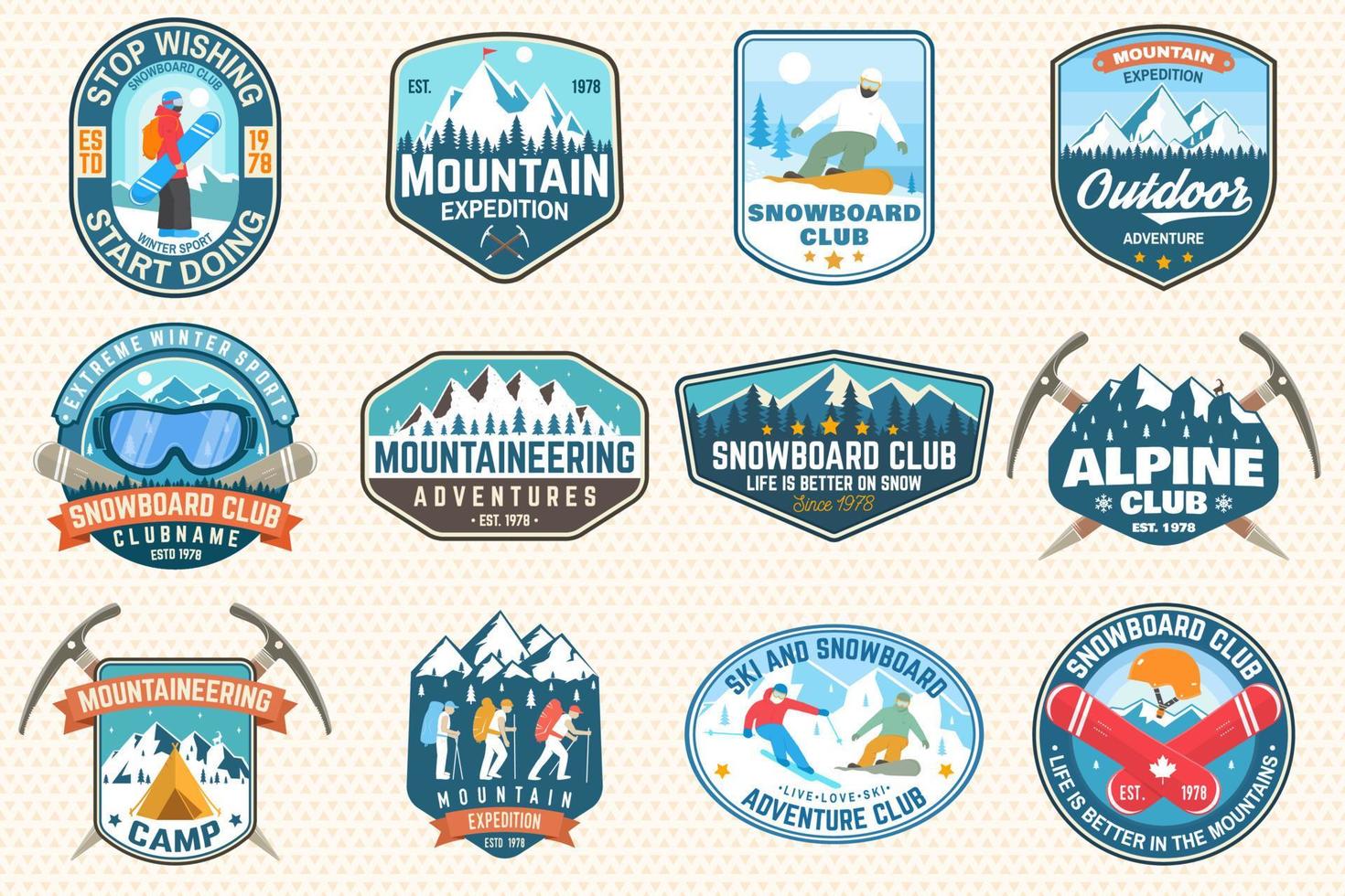 conjunto de expedición de montaña y parche del club de snowboard. vector. concepto de insignia, impresión, sello. diseño de tipografía vintage con montañeros y silueta de montaña. emblemas de aventuras al aire libre. vector