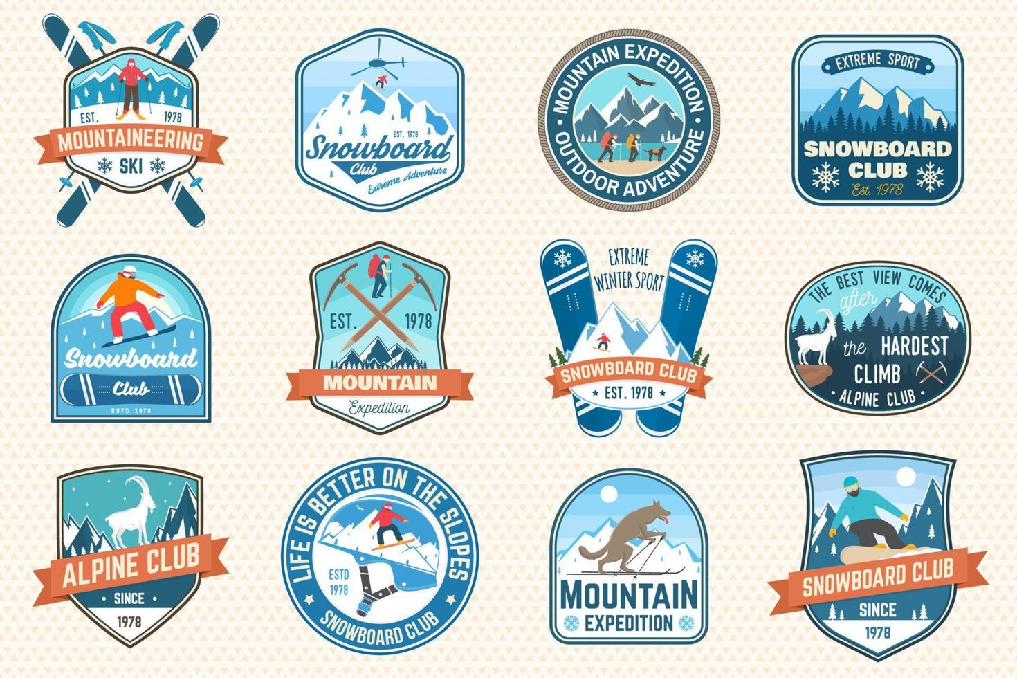 conjunto de expedición de montaña y parche del club de snowboard. vector. concepto de insignia, impresión, sello. diseño de tipografía vintage con montañeros y silueta de montaña. emblemas de aventuras al aire libre. vector