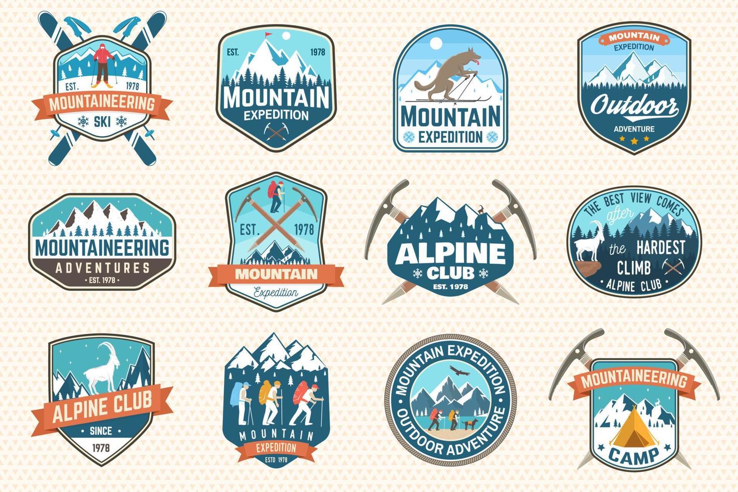 conjunto de parches de expedición de montaña. vector. concepto de camiseta o insignia del club alpino, impresión, sello. diseño de tipografía vintage con montañeros y silueta de montaña. emblemas de aventuras al aire libre. vector