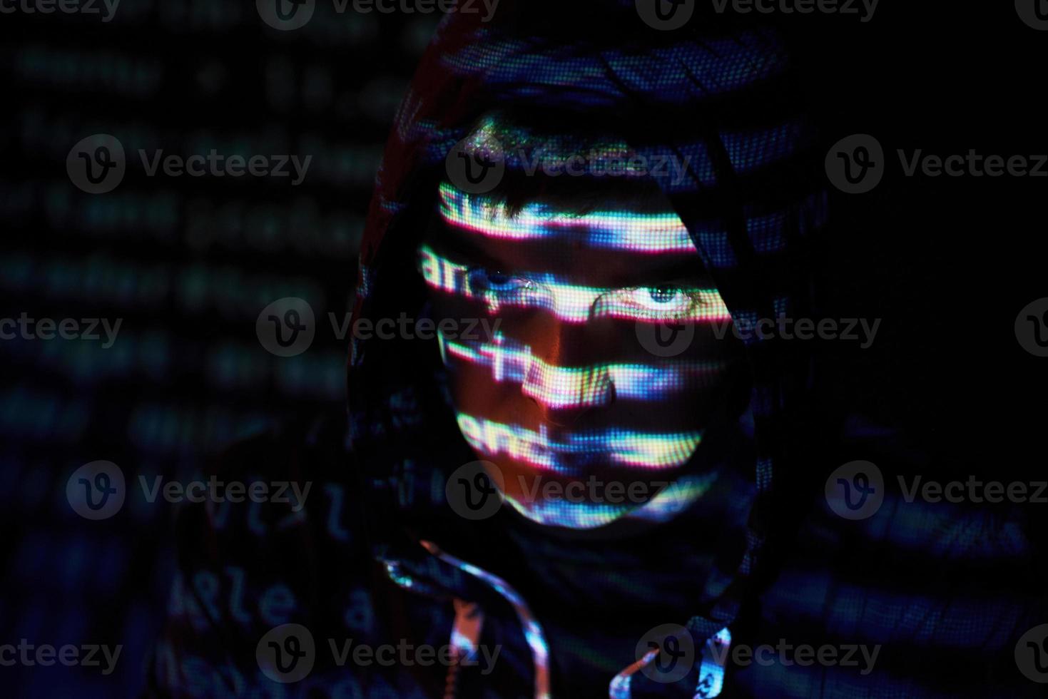 Cyber attack with unrecognizable hooded hacker using virtual reality, digital glitch effect photo