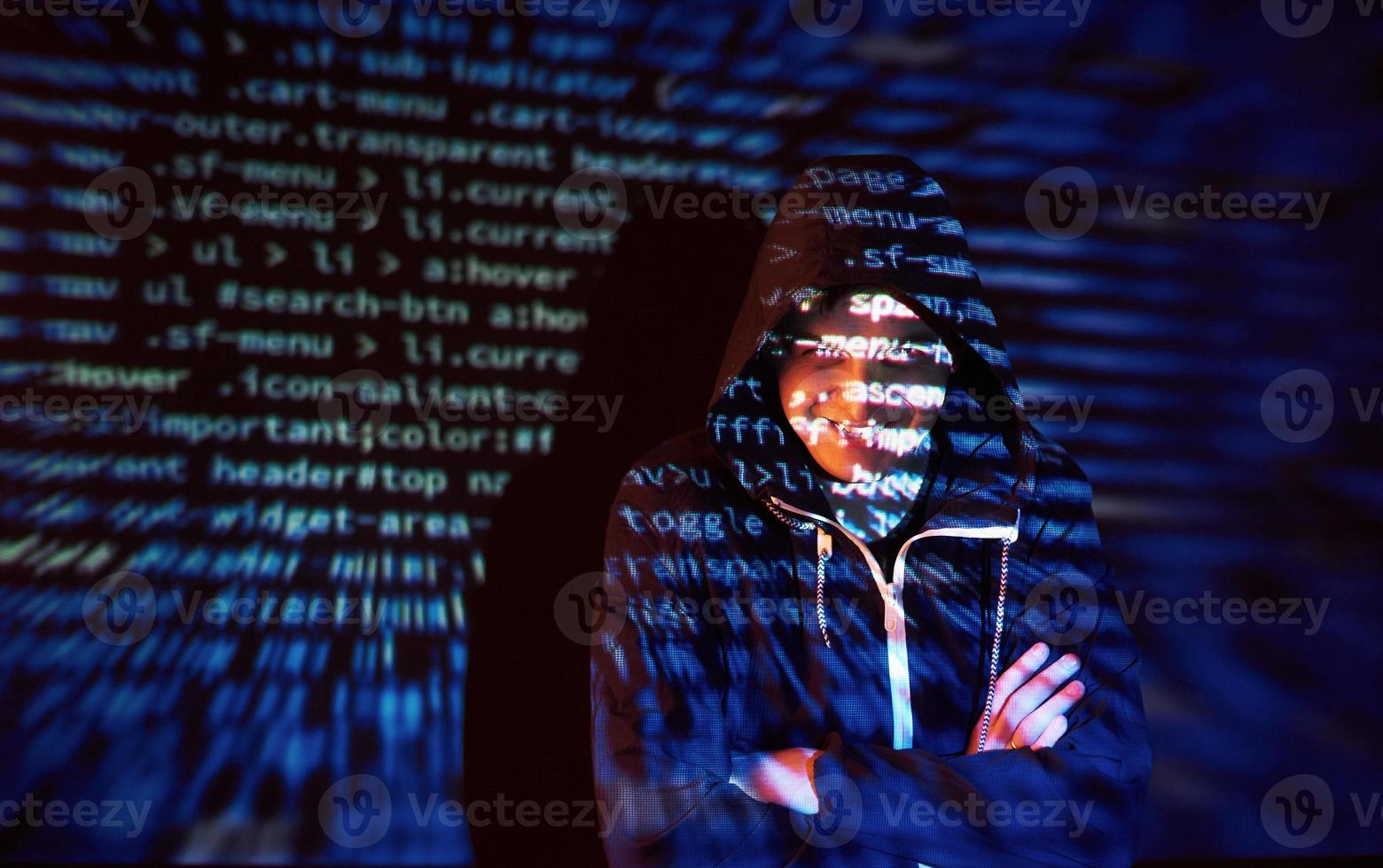 Cyber attack with unrecognizable hooded hacker using virtual reality, digital glitch effect photo