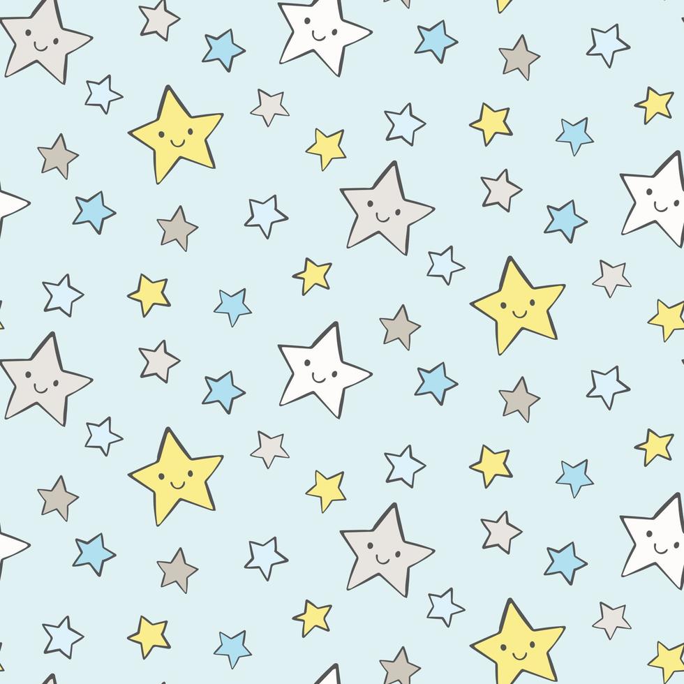 lindo patrón de estrellas sonrientes. cielo nocturno en colores pastel. fondo vectorial para el diseño de bebés y niños. vector