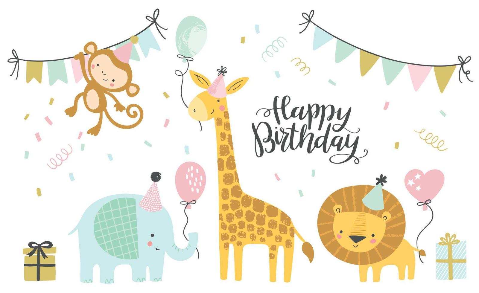 ilustraciones vectoriales de cumpleaños. conjunto de lindos dibujos animados selva cumpleaños animales ilustración para saludo, invitación diseño de tarjeta de cumpleaños para niños vector