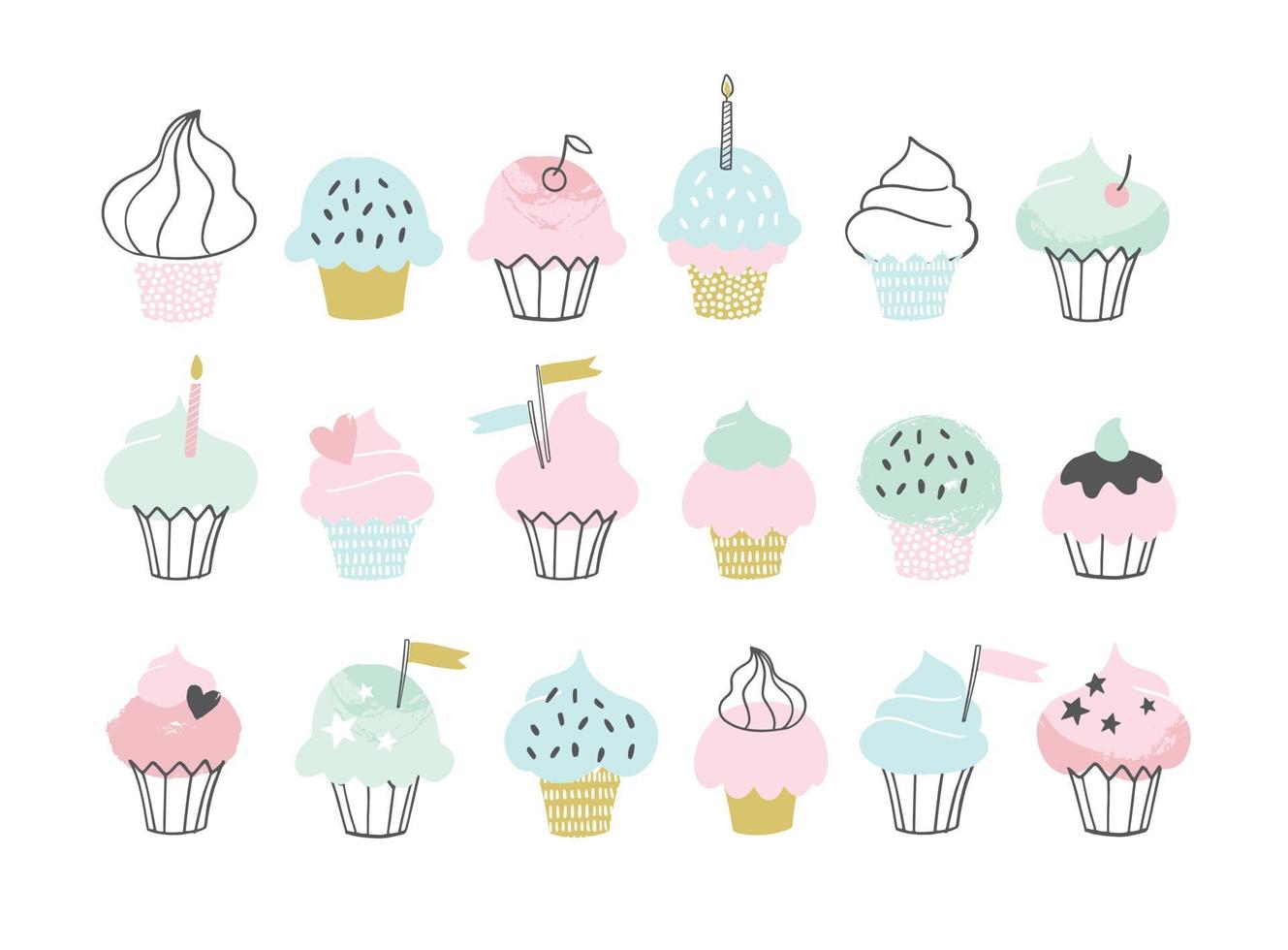 conjunto de lindos cupcakes y muffins vectoriales. iconos de fiesta de cumpleaños dibujados a mano. tarjeta de felicitación, invitación, ilustraciones de carteles vector