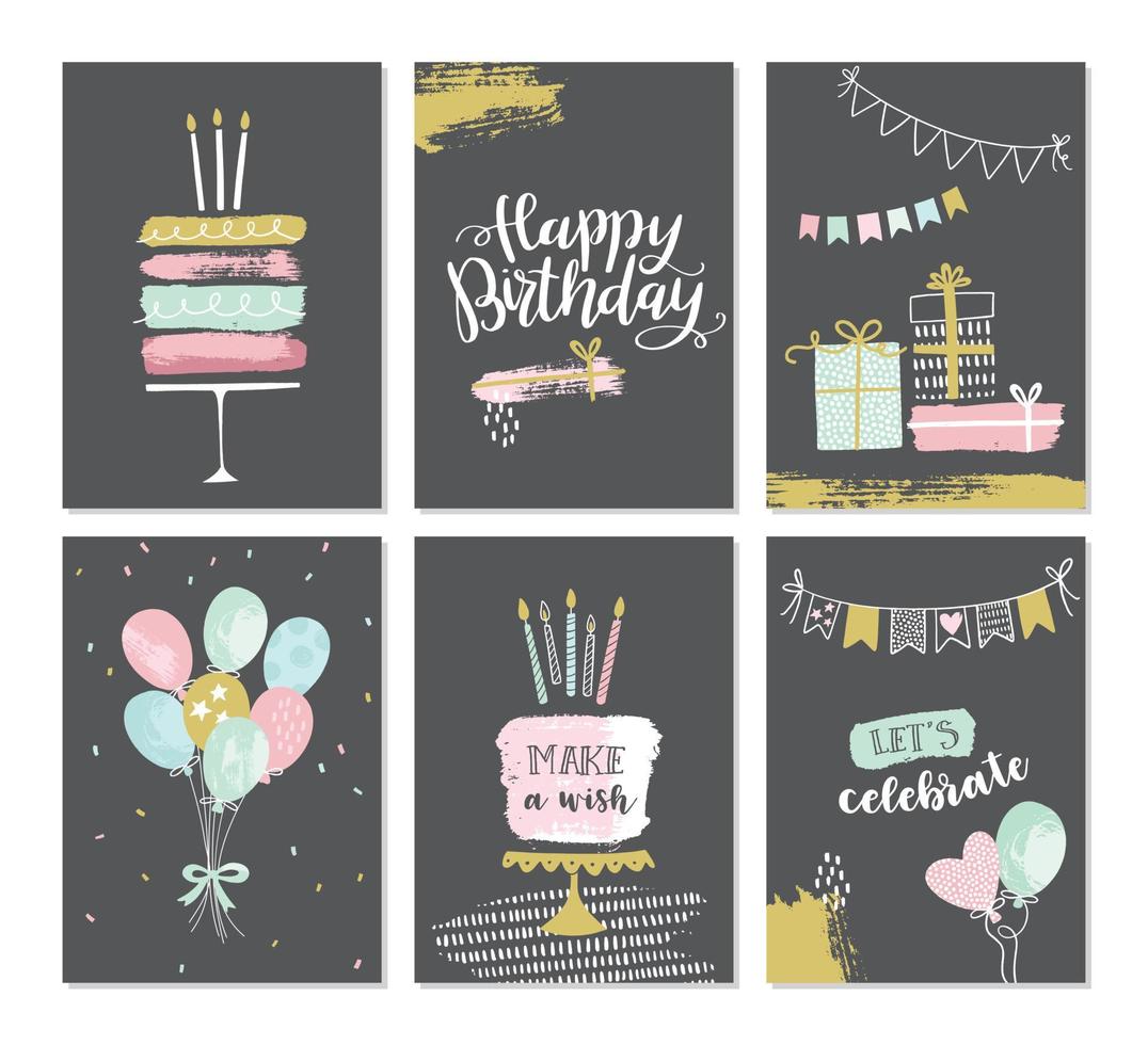Set of birthday greeting cards design in hand drawn grungy style. Vector illustration for cards, invitations, posters.
