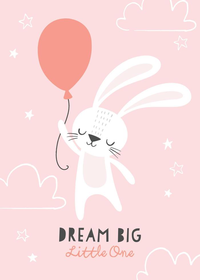 Cute birthday rabbit with a party hat and a balloon. Funny cartoon bunny vector illustration for birthday cards, invitations, nursery poster, art print and baby clothing.