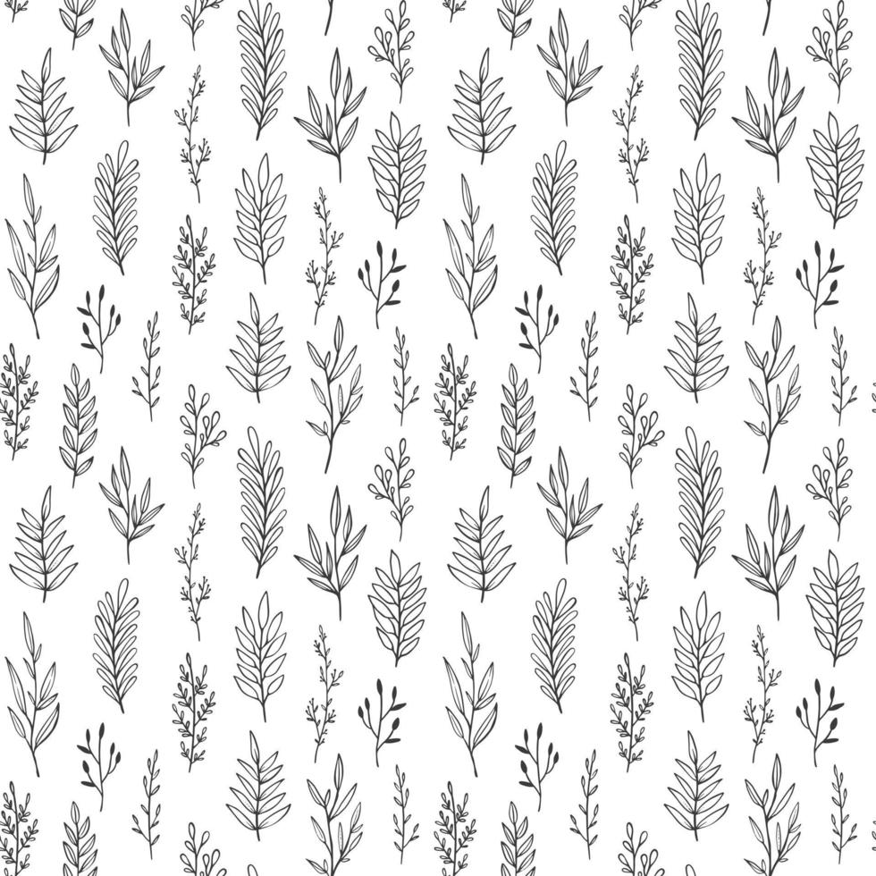 Floral vector pattern with hand drawn leaves, branches and twigs. Vintage botanical seamless background.