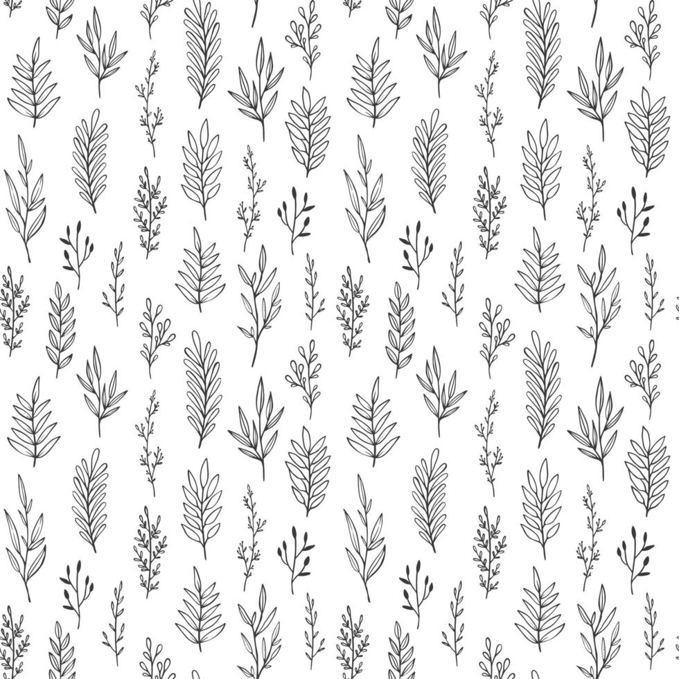 Floral vector pattern with hand drawn leaves, branches and twigs. Vintage botanical seamless background.