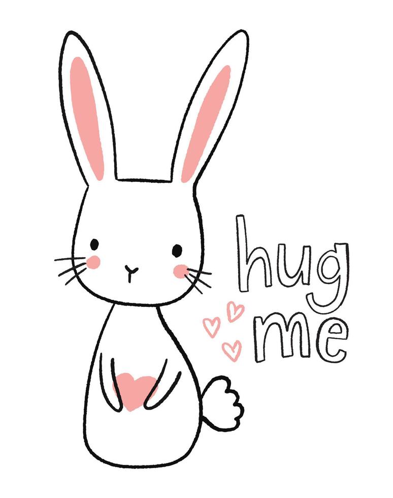 linda ilustración de conejito dibujada a mano. dulce personaje de conejo sosteniendo un corazón. Abrázame. vector