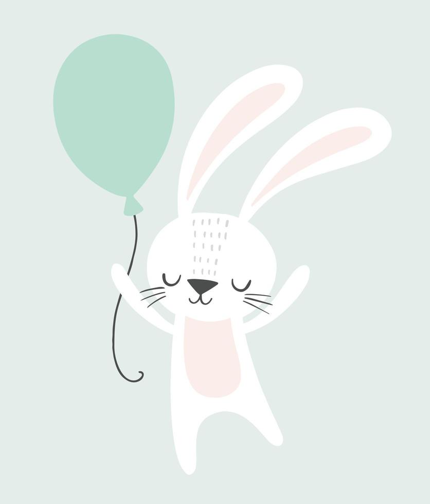 Cute rabbit holding a balloon. Childish illustration. Nursery wall art, kids party invitation, birthday greeting card, baby shower, poster. vector