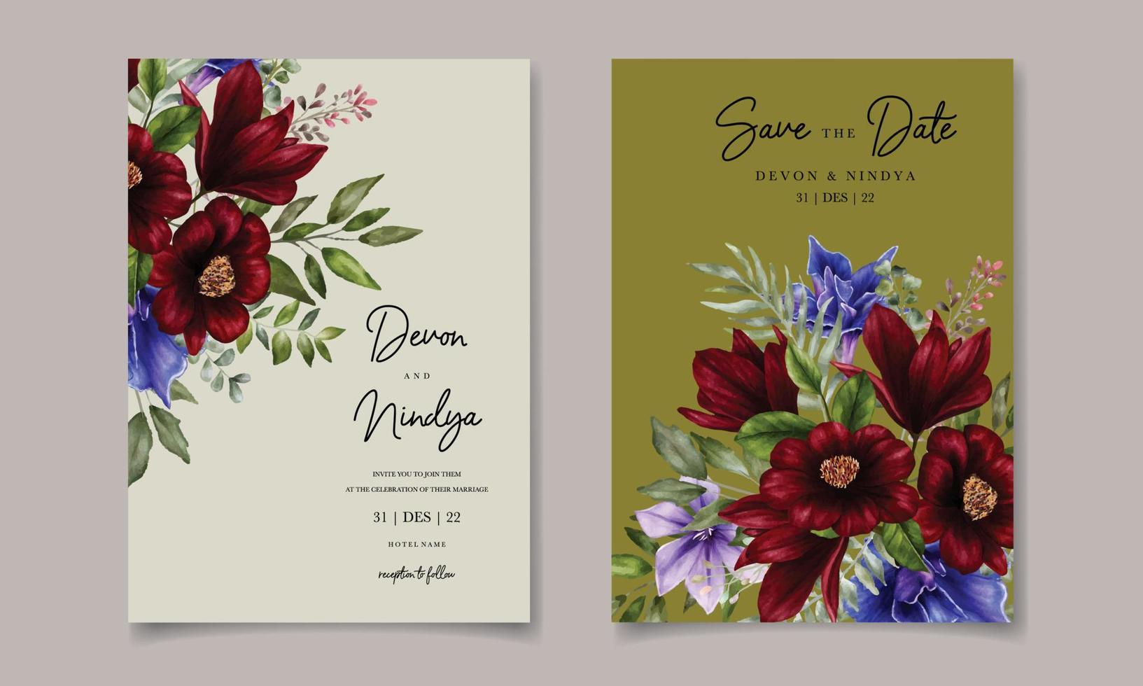 tarjeta de invitación de boda con flor de acuarela vector