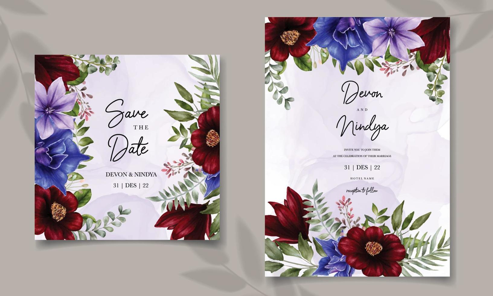 tarjeta de invitación de boda con flor de acuarela vector