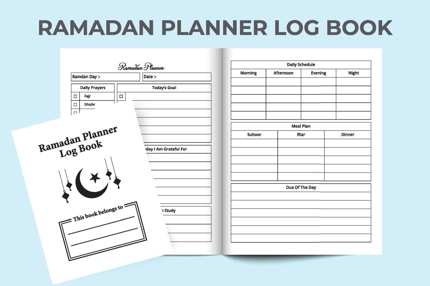 Ramadan information notebook interior. Interior of a logbook. Ramadan meal planner and experience tracker journal template. Fasting and Ramadan activity tracker notebook interior. vector