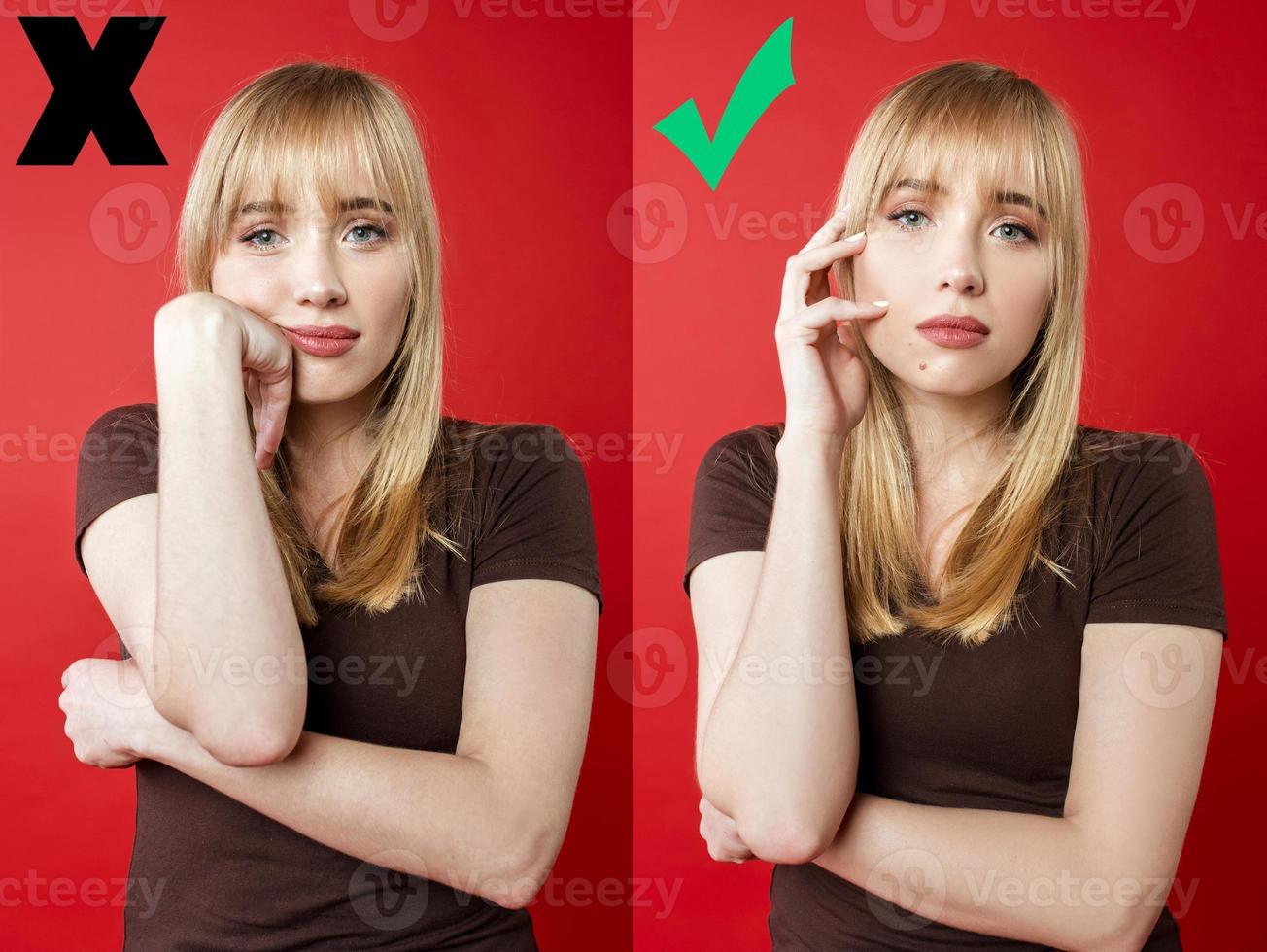 Blonde cheerful woman in brown t-shirt showing correct and mistakes modeling, posing. Beauty, fashion, shooting, youth concept photo