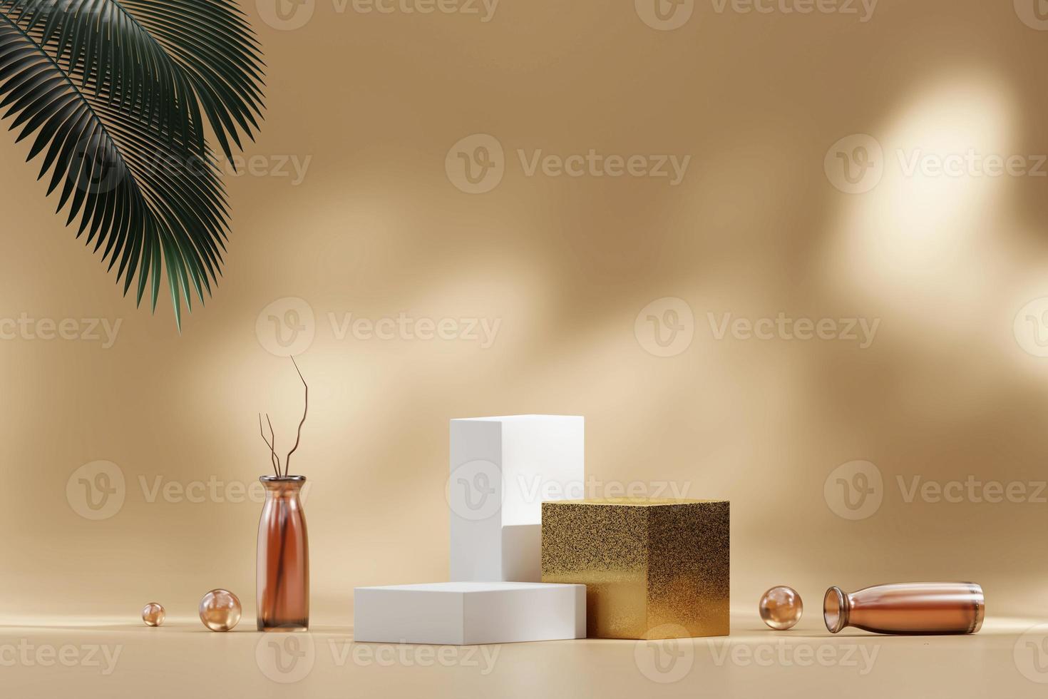 Abstract platform podium showcase for product display with palm leaves 3d render photo