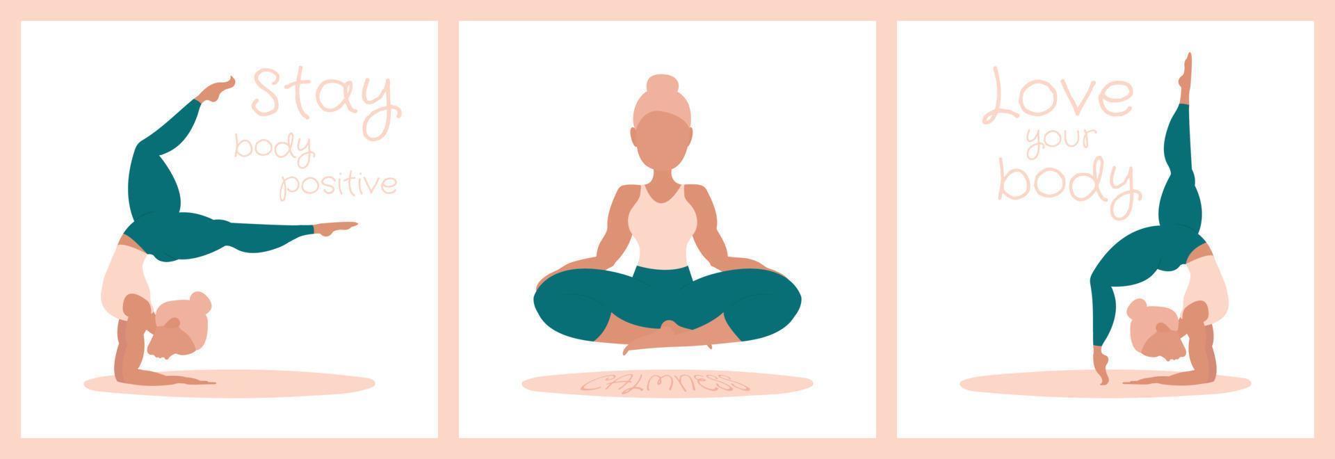 conjunto de ilustraciones. feliz yoga chica de talla grande. concepto positivo de cuerpo feliz. diferente es hermoso. atractiva mujer con sobrepeso. para el movimiento de aceptación de la grasa sin gordofobia. vector