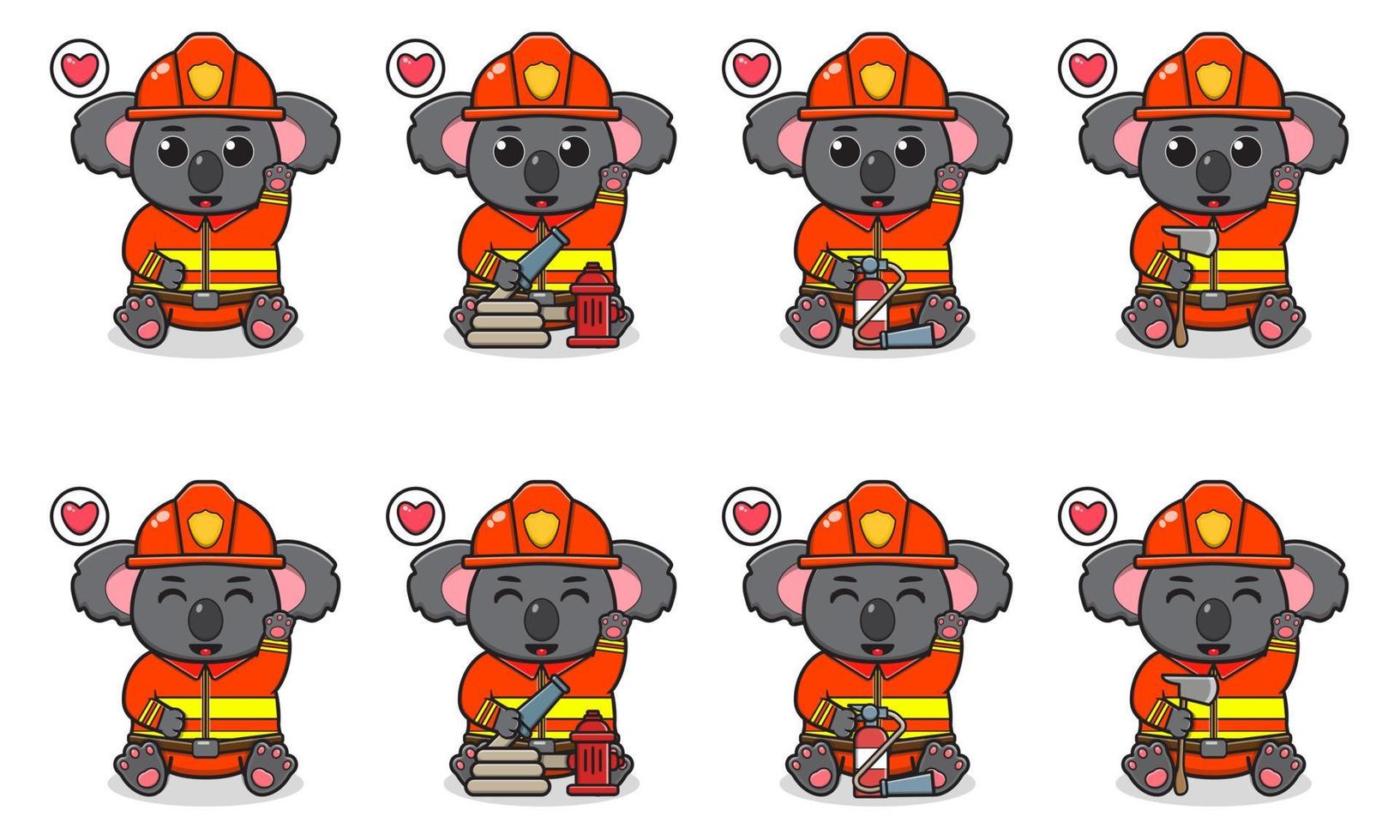 Vector Illustration of Cute sitting Koala cartoon with Firefighter costume and hand up pose.