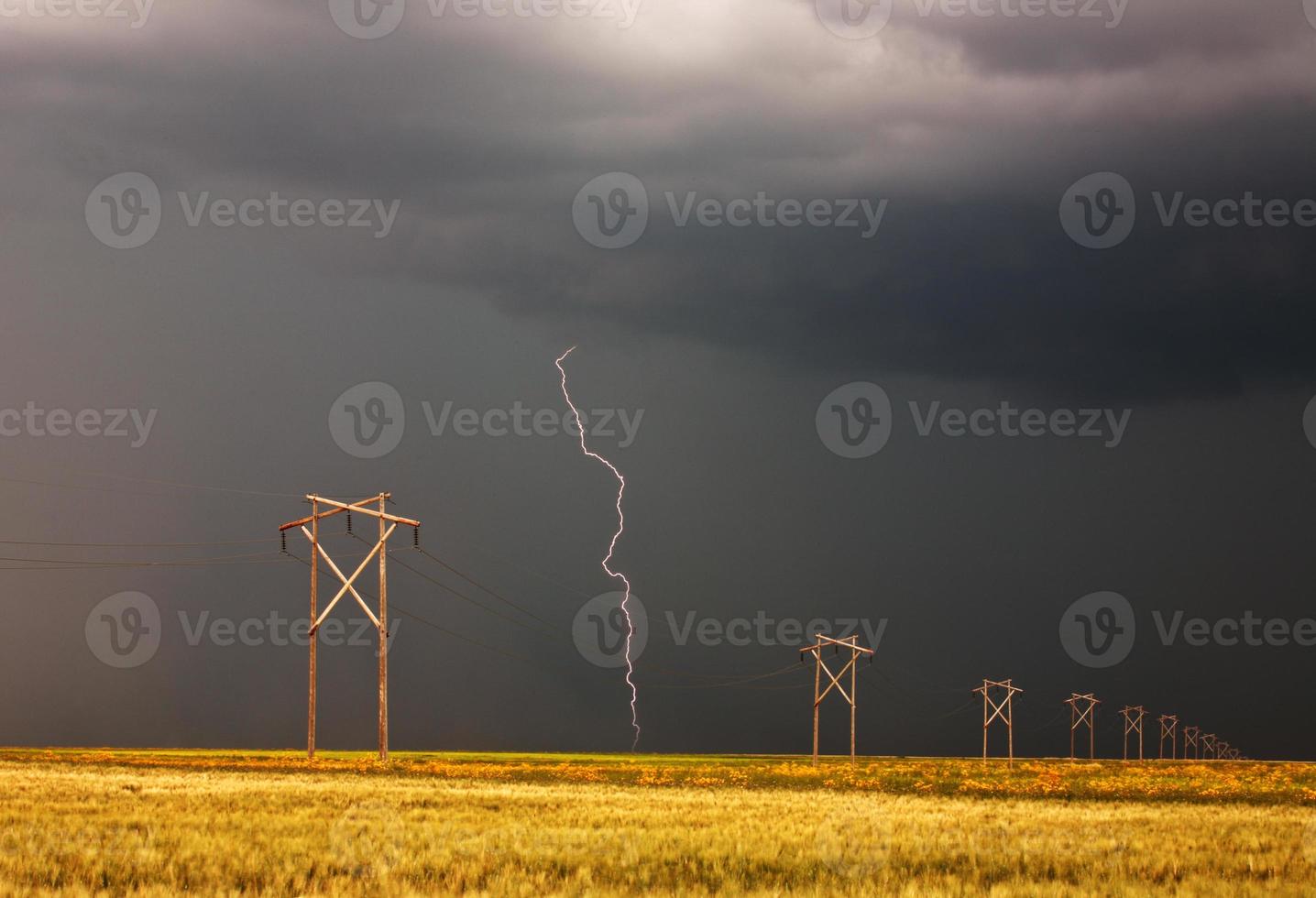 Lightning striking behind Saskatchewan power line photo