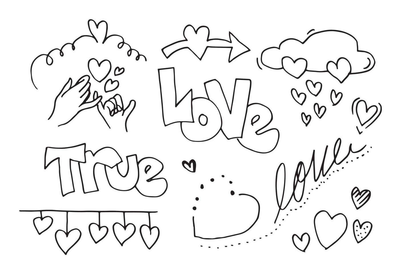 Set of love doodle, hand drawn icons with true love text for valentines day design concept vector