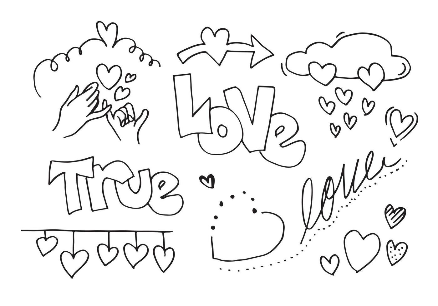 Set of love doodle, hand drawn icons with true love text for valentines day design concept vector