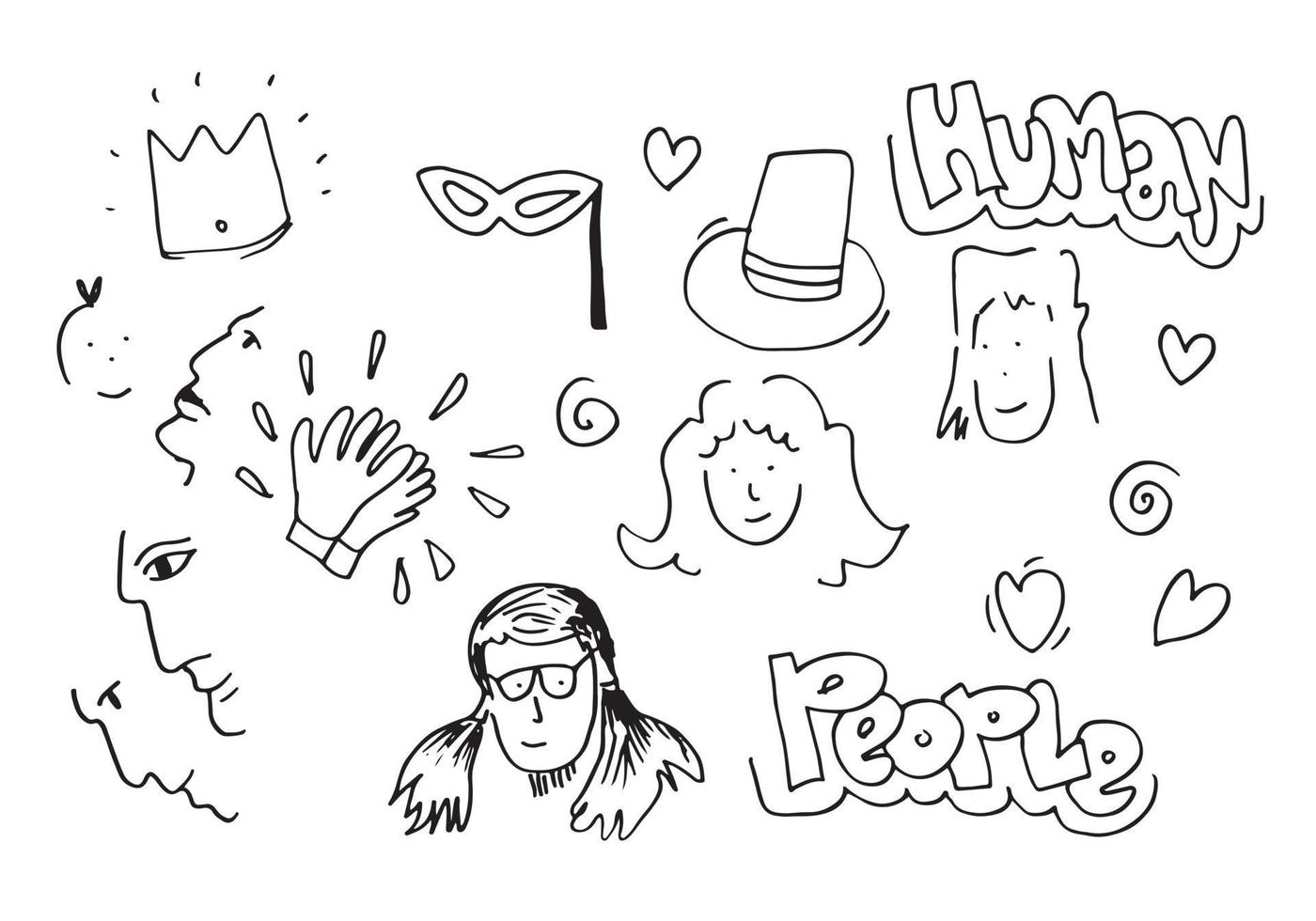 collection of hand drawn cute faces, crowns, masks, hats and hearts, vector illustration.