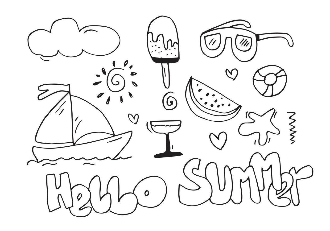 hola colección de verano. ilustración vectorial de divertidos símbolos de verano de garabatos aislados en fondo blanco. vector