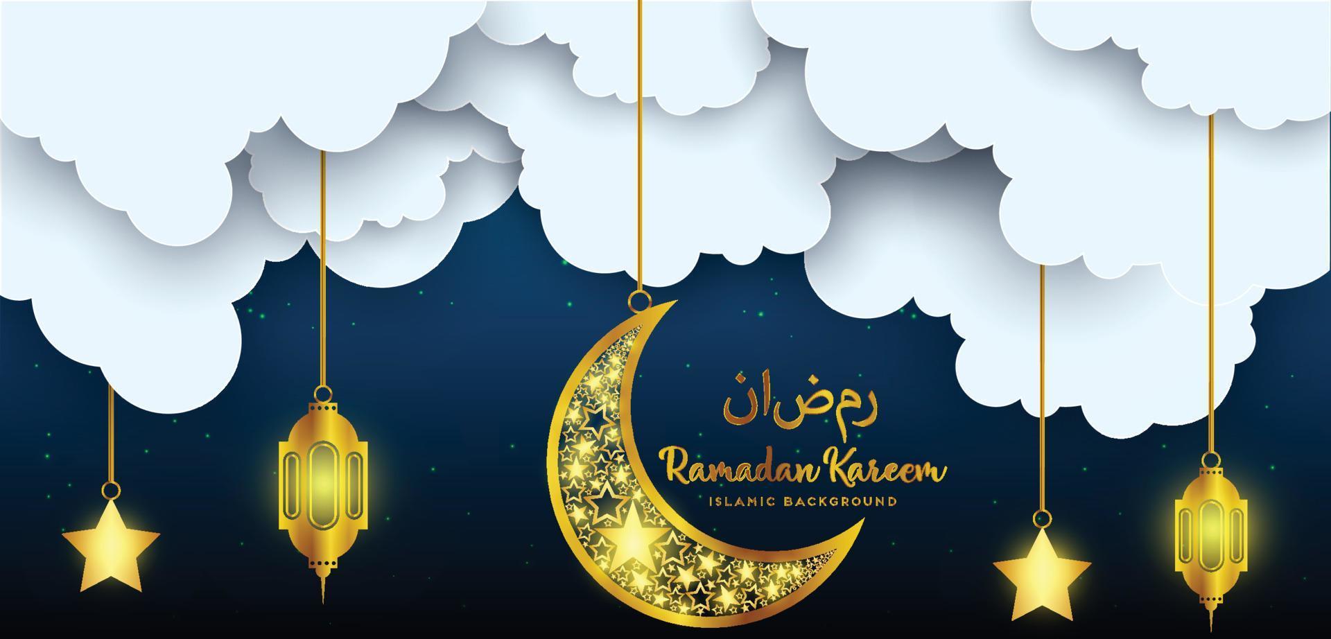 Ramadan Kareem greeting with mosque and hand drawn calligraphy lettering which means ''Ramadan kareem'' on night cloudy background. Editable Vector illustration.