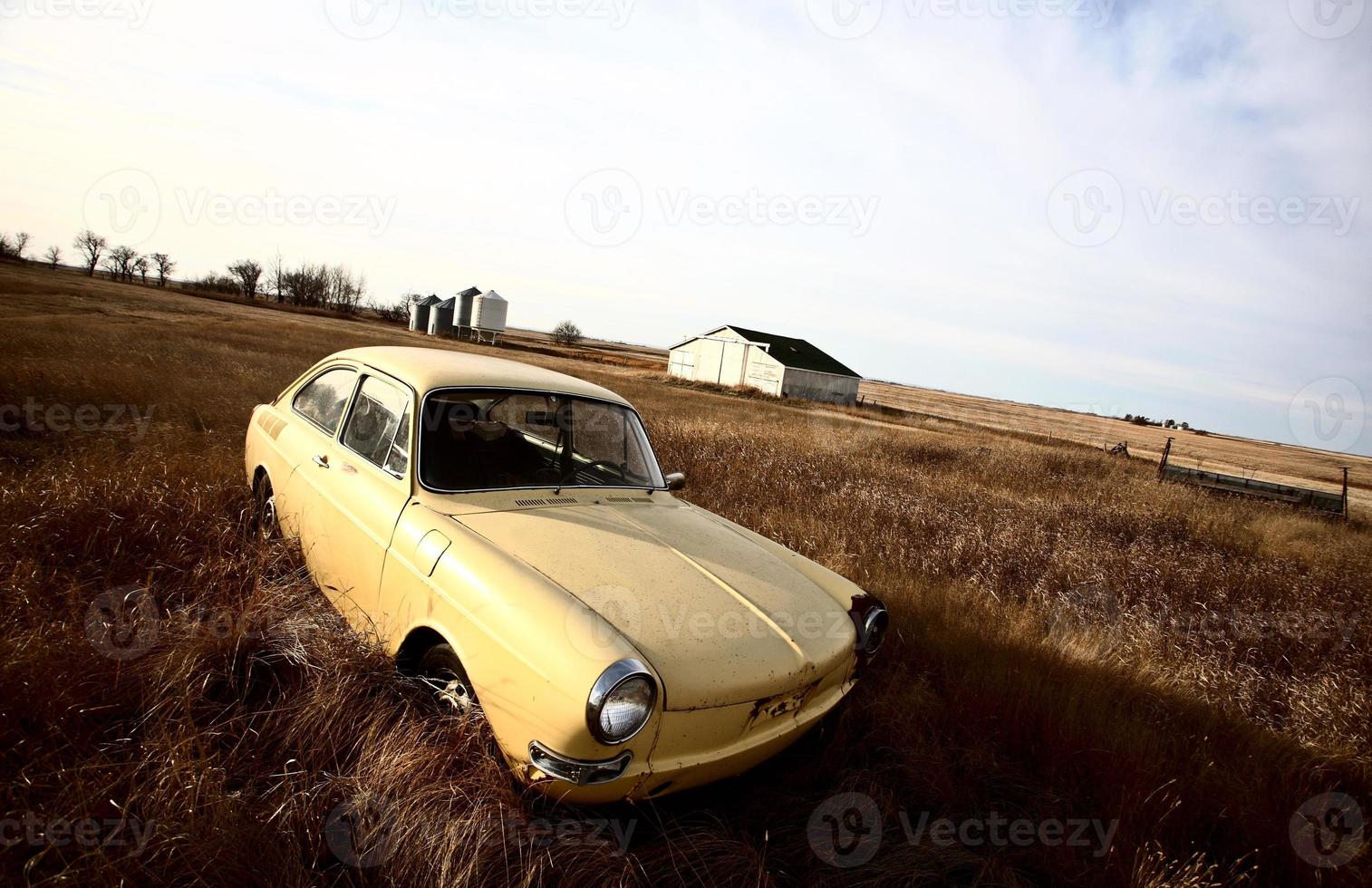 Yellow foreign car abandoned in tall grass photo