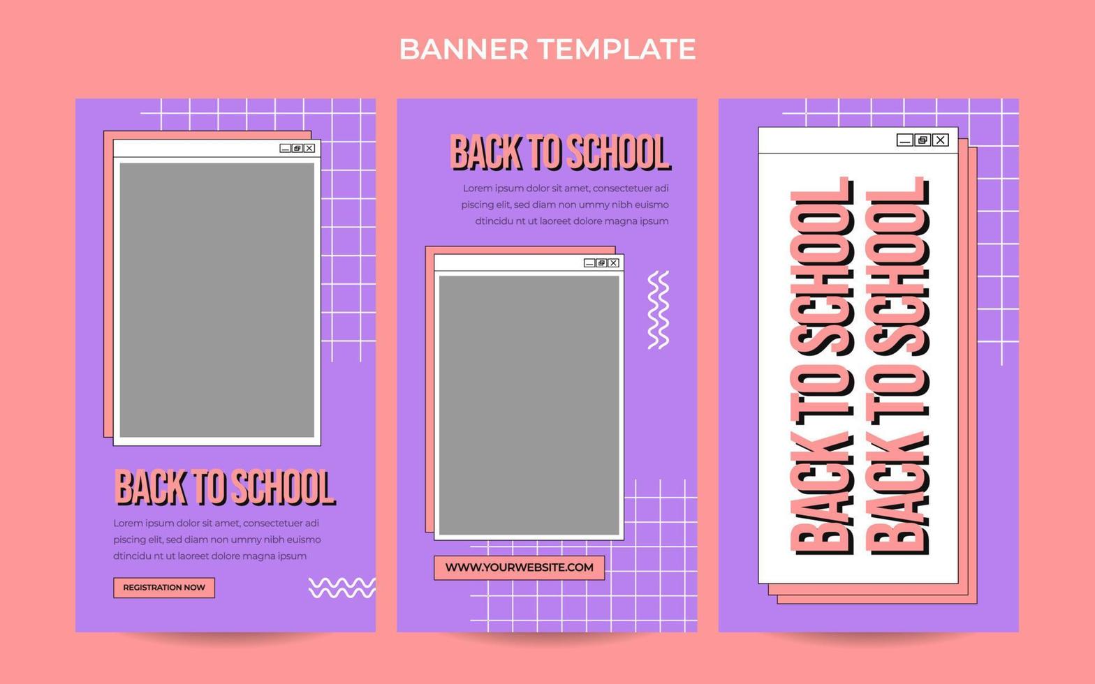 plantilla de banner web vertical de regreso a la escuela con estilo retro de estética informática vector