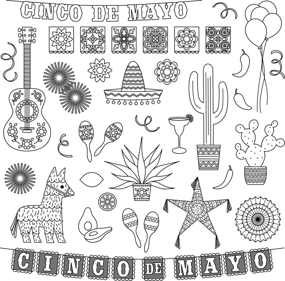 cinco de mayo sellos vectoriales de contorno negro vector