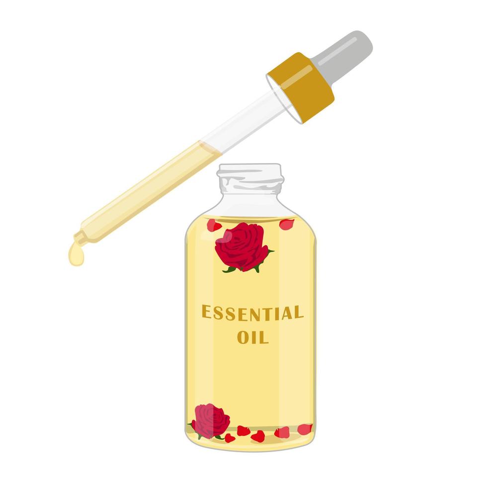 Rose essential oil in a bottle with a pipette. Vector flat illustration