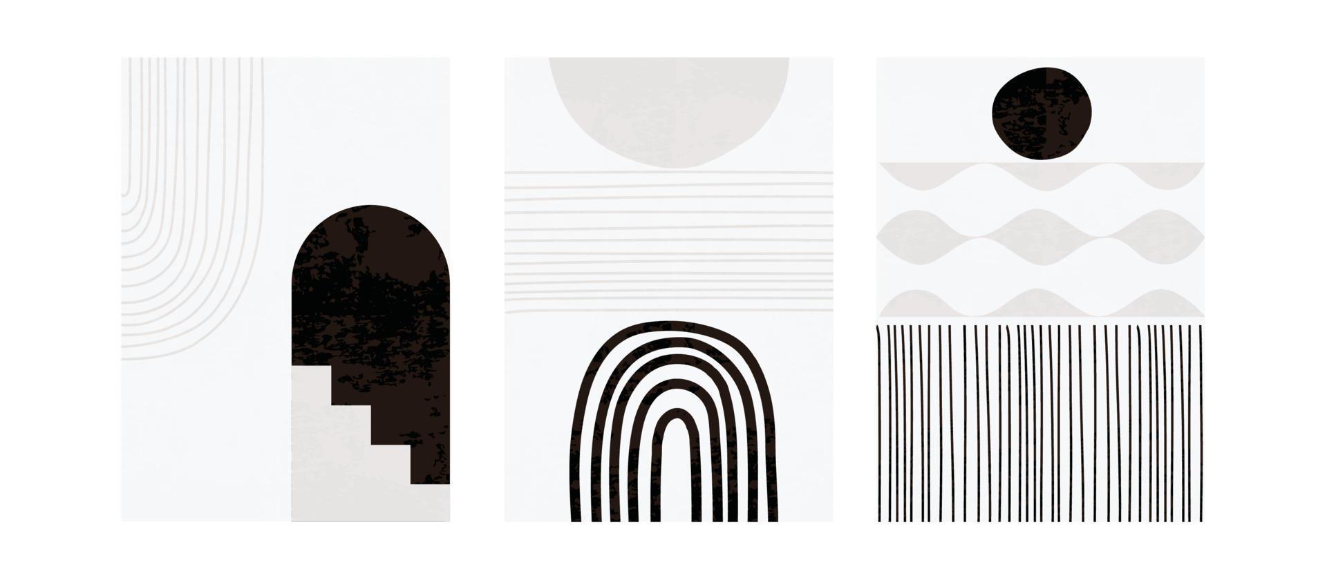 Bohemian minimal tree posters set with abstract organic shapes, geometric elements, lines, rainbow and stairs vector illustration. Abstraction design for background, wallpaper, card, wall art