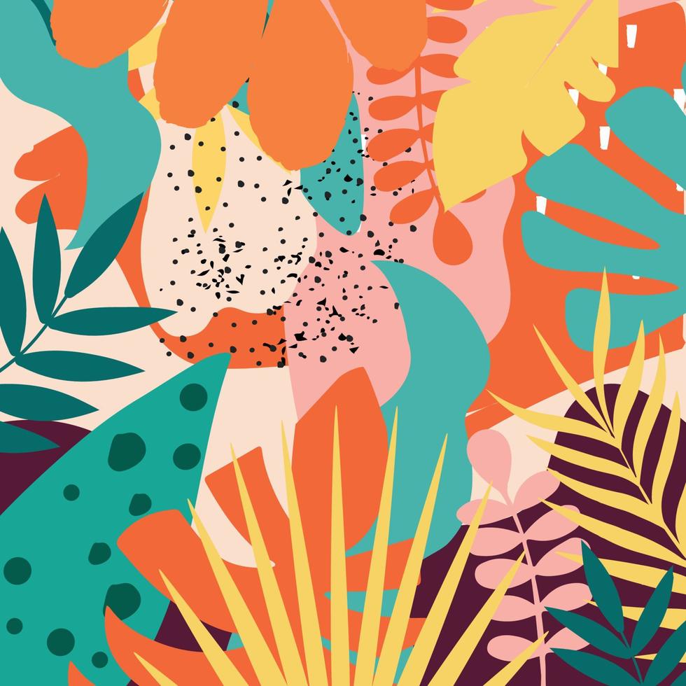 Ilustración de vector de fondo de cartel de hojas y flores tropicales coloridas. plantas exóticas, ramas, flores y hojas de arte para belleza y productos naturales, spa y bienestar, tela y moda