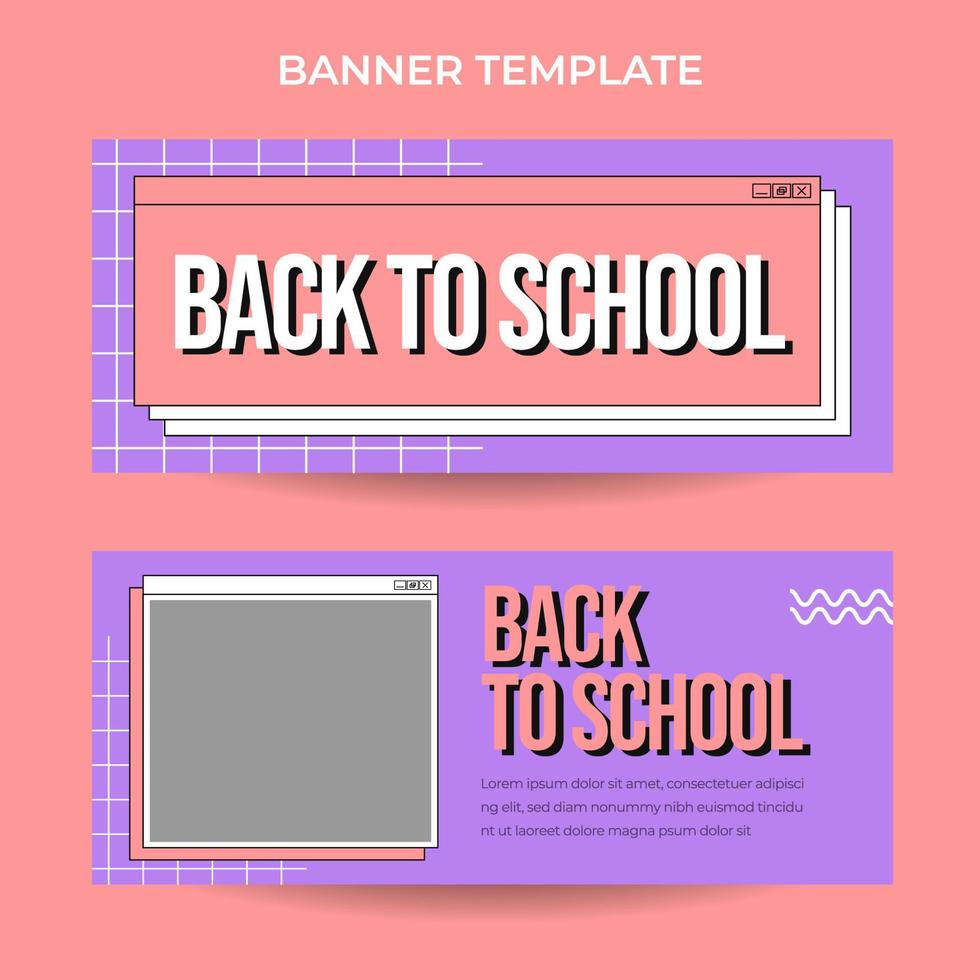 plantilla de banner web horizontal de regreso a la escuela con estilo retro de estética informática vector