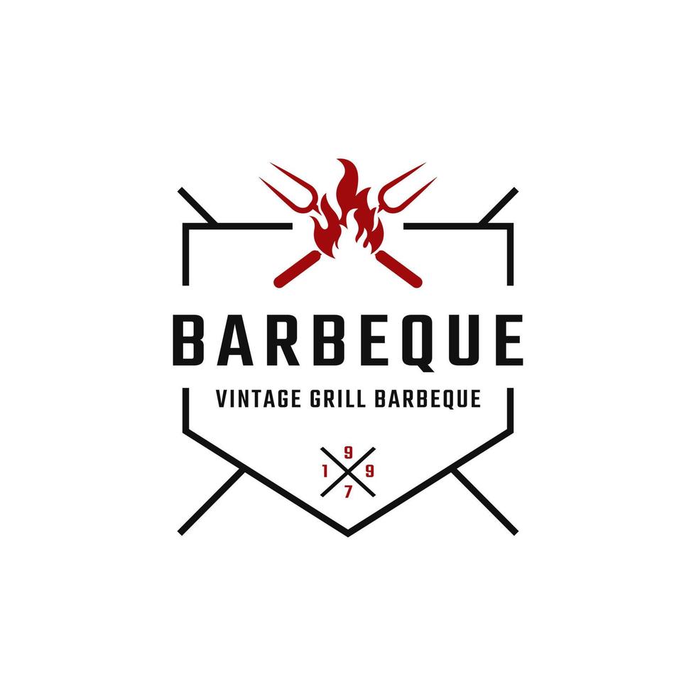 insignia de etiqueta retro vintage clásica para parrilla barbacoa barbacoa con tenedor cruzado e inspiración en el diseño del logotipo de llama de fuego vector