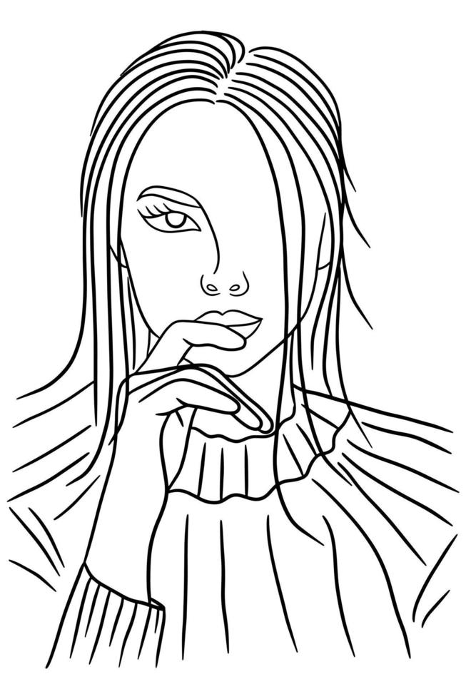 Women Close up Face Pose Line Art illustration vector