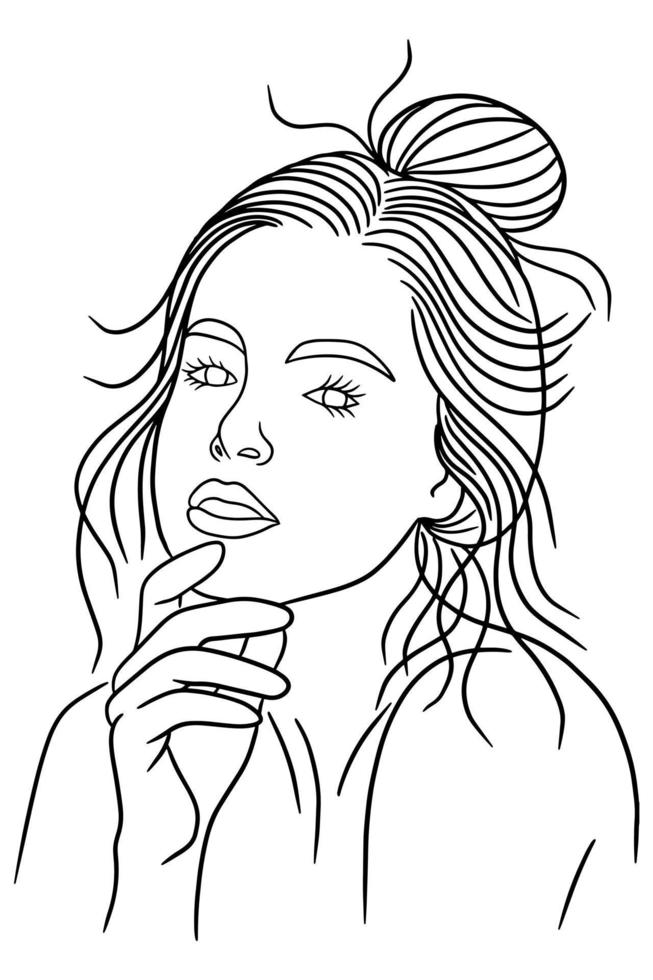 Women Close up Face Pose Line Art illustration vector