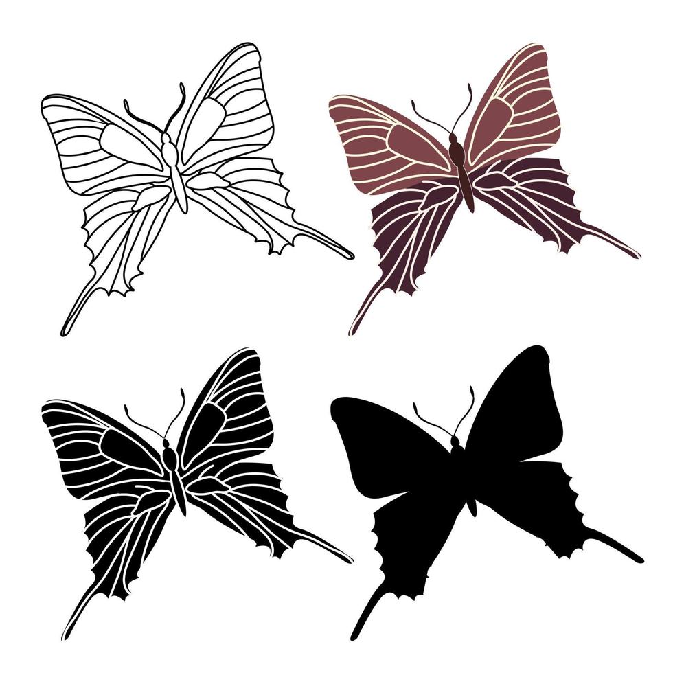 conjunto, de, contorno, silueta, insecto, mariposas vector