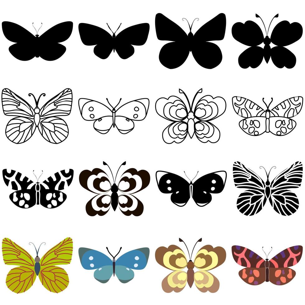 conjunto, de, contorno, silueta, insecto, mariposas vector