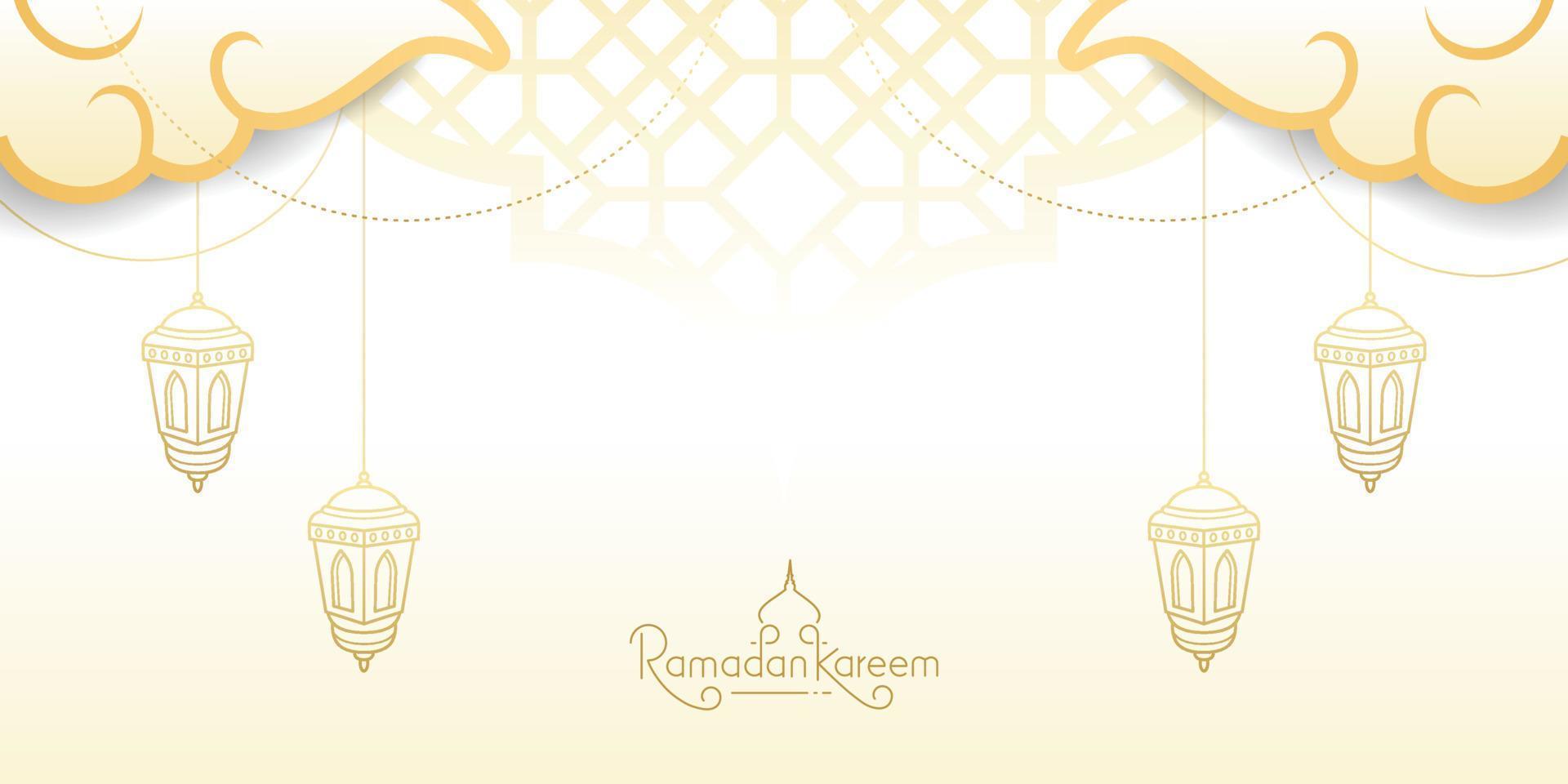 Ramadan kareem golden banner with lantern line art vector illustration