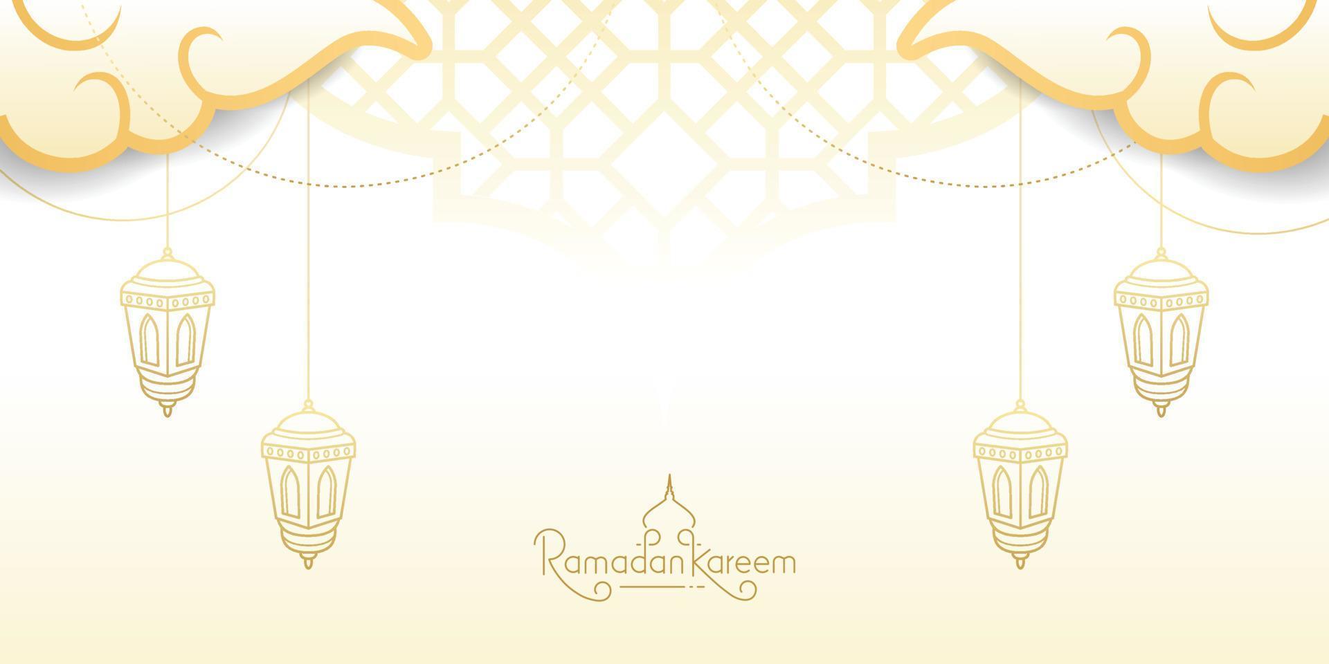 Ramadan kareem golden banner with lantern line art vector illustration