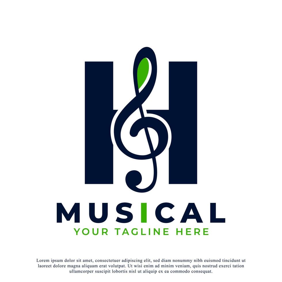 letra h con elemento de diseño de logotipo de nota clave de música. utilizable para logotipos comerciales, musicales, de entretenimiento, discográficos y de orquesta vector