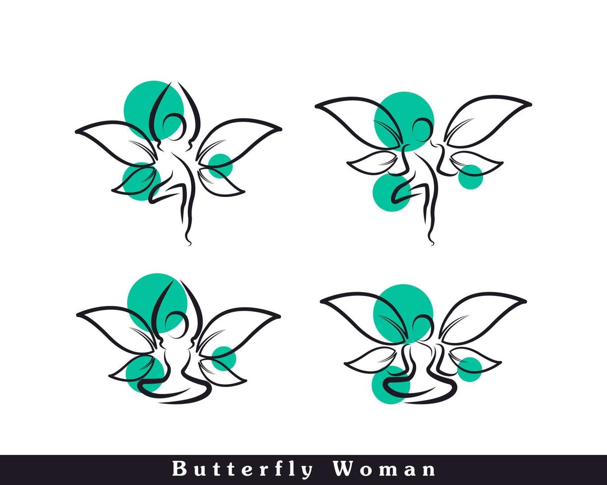 conjunto de mujer mariposa con hojas para el bienestar y el elemento de plantilla de diseño de icono de logotipo saludable vector