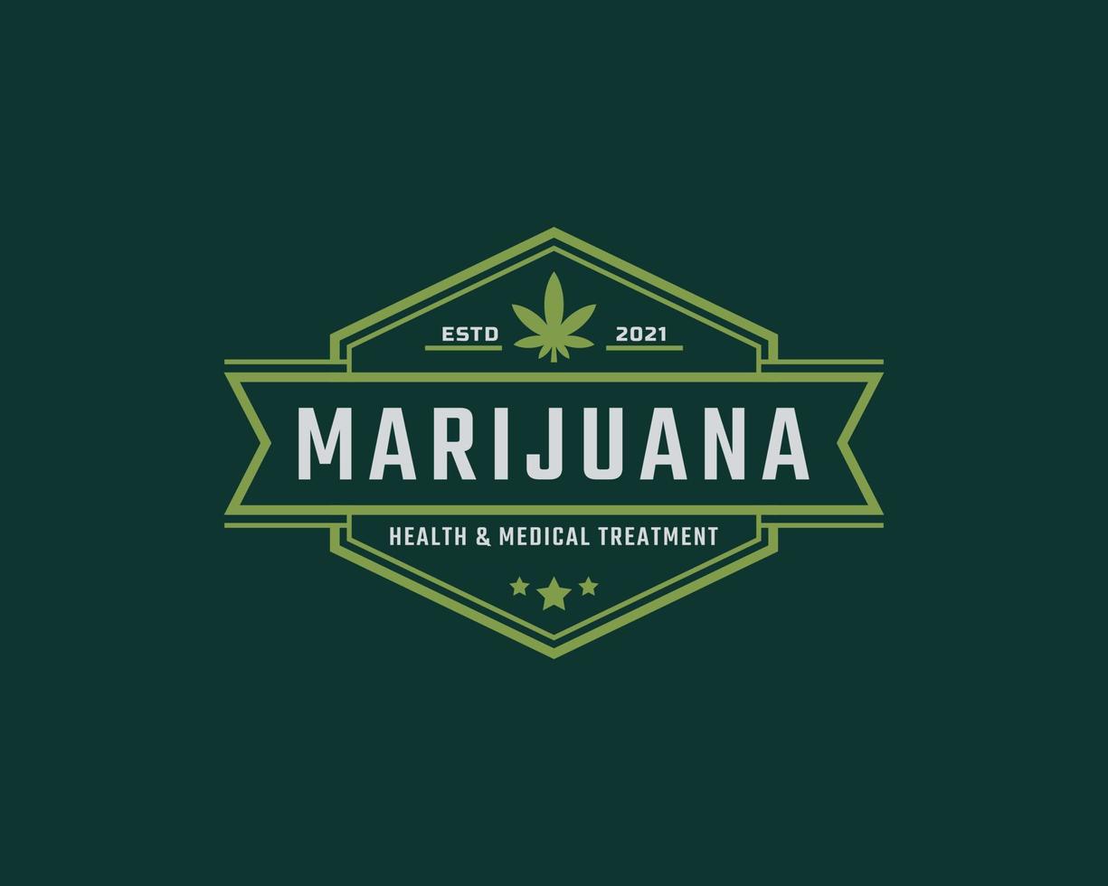 Classic Vintage Retro Label Badge for Marijuana Cannabis Hemp Pot Leaf THC CBD Health and Medical Therapy Logo Design Inspiration vector