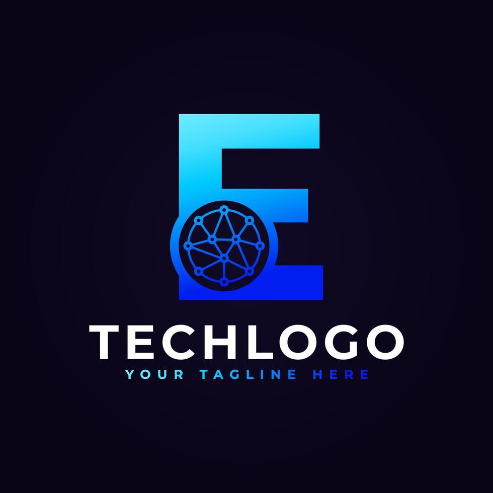 logotipo de la letra e de tecnología. forma geométrica azul con círculo de puntos conectado como vector de logotipo de red. utilizable para logotipos de negocios y tecnología.