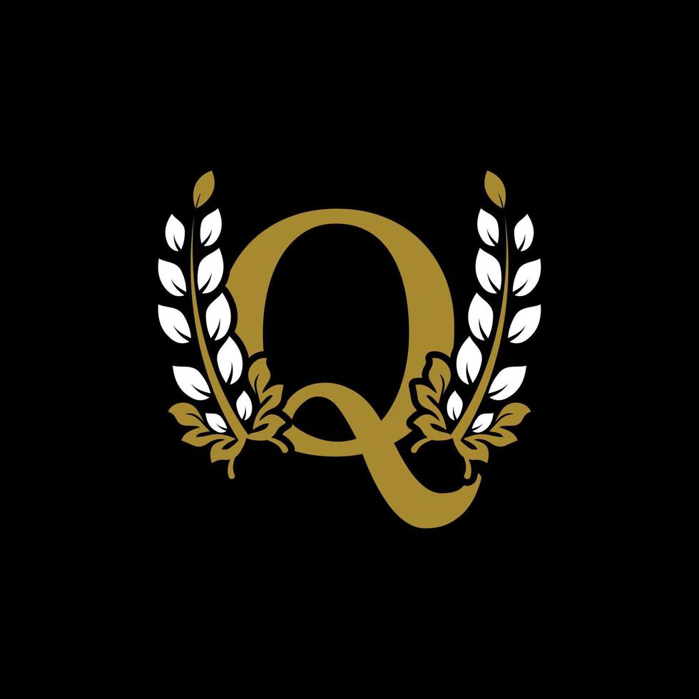 letra inicial q monograma vinculado logotipo de corona de laurel dorado. diseño elegante para restaurante, café, marca, placa, etiqueta, identidad de lujo vector