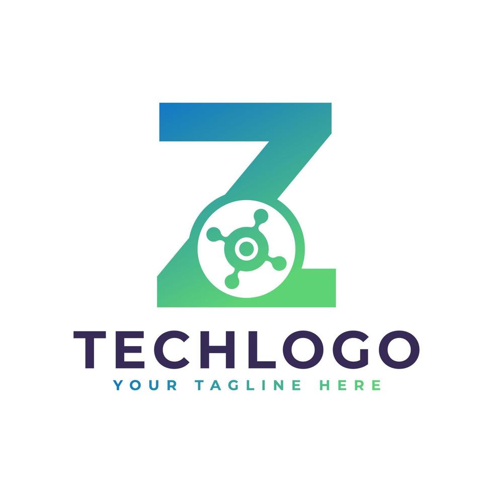 logotipo de la letra z de tecnología. forma geométrica verde con círculo de puntos conectado como vector de logotipo de red. utilizable para logotipos de negocios y tecnología.