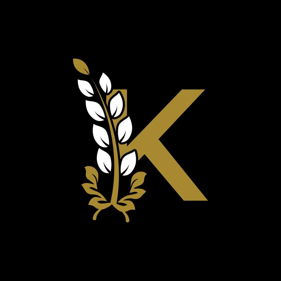 letra inicial k monograma vinculado logotipo de corona de laurel dorado. diseño elegante para restaurante, cafetería, marca, placa, etiqueta, identidad de lujo vector