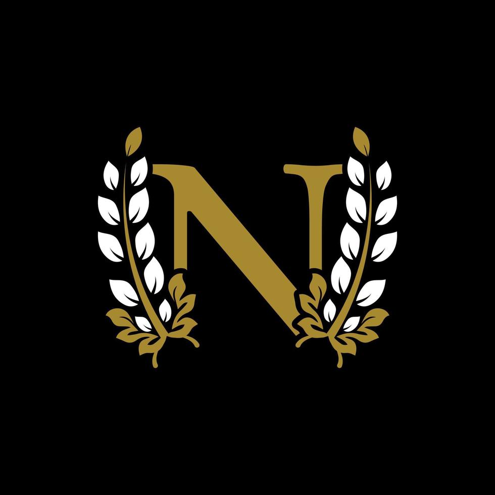 Initial Letter N Linked Monogram Golden Laurel Wreath Logo. Graceful Design for Restaurant, Cafe, Brand name, Badge, Label, luxury identity vector